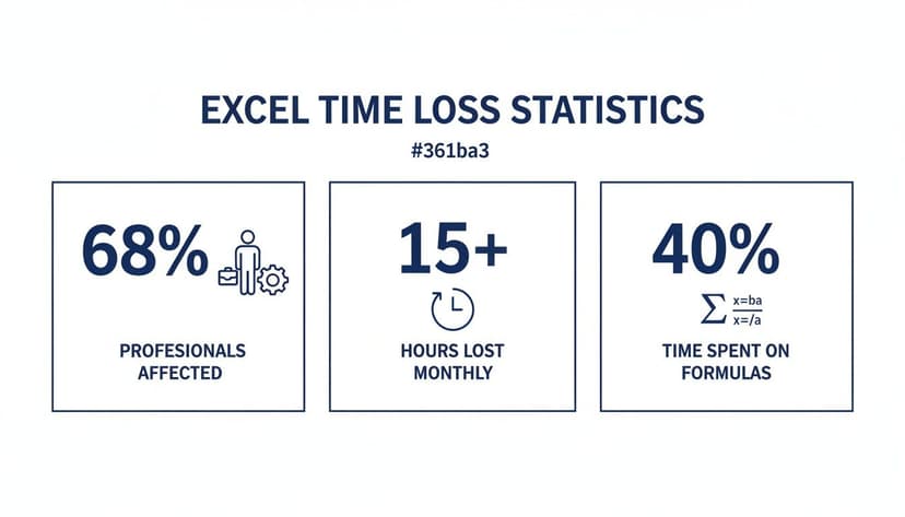 Infographic displaying Excel time loss statistics: 68% professionals affected, 15+ hours lost monthly, 40% time on formulas.
