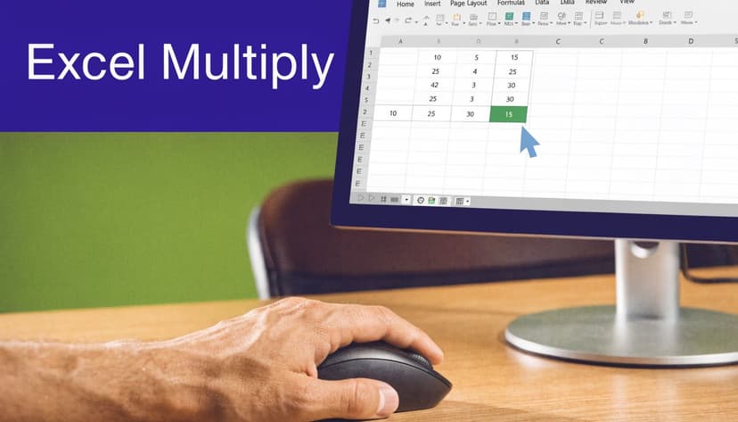A hand using a computer mouse to select a cell in an Excel spreadsheet for multiplication.