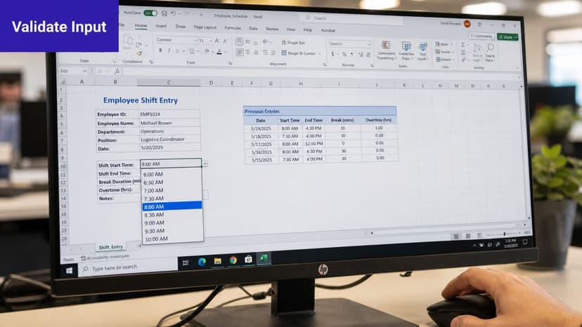 A computer screen displaying an employee shift entry spreadsheet with a time selection drop-down menu.