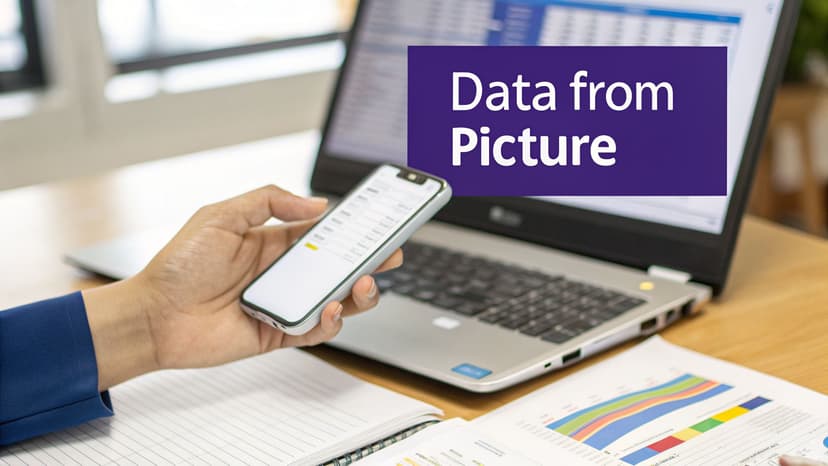 A person uses a smartphone to extract data from an image, with a laptop and charts in the background.