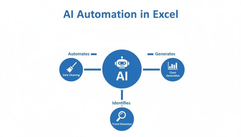 A diagram illustrating AI automation in Excel, showing AI can clean data, generate charts, and detect trends.