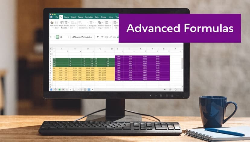 A computer screen displaying an Excel spreadsheet with advanced formulas shown on a workspace desk.