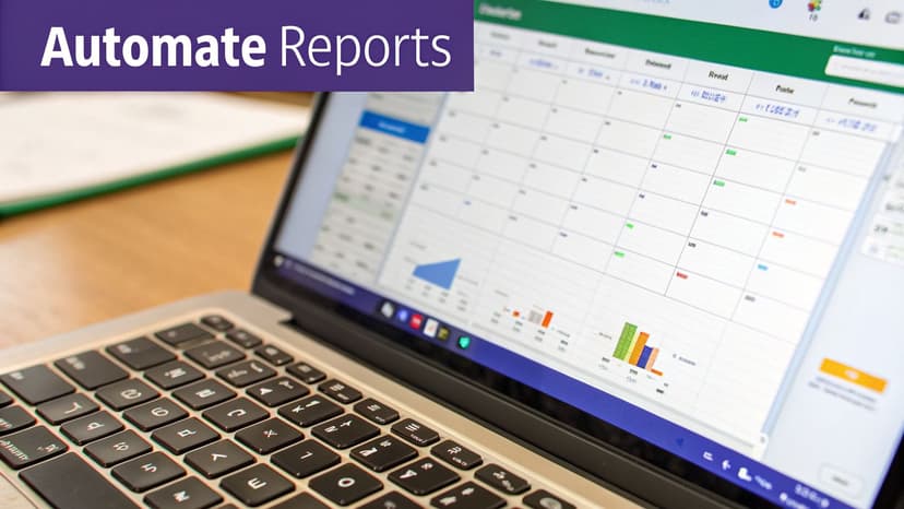 Close-up of a laptop displaying data visualization, spreadsheets, and the text 'Automate Reports'.