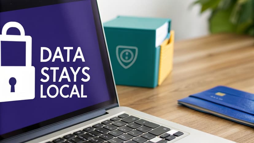 A laptop displays 'DATA STAYS LOCAL' and a padlock, symbolizing secure, on-device data storage and privacy.