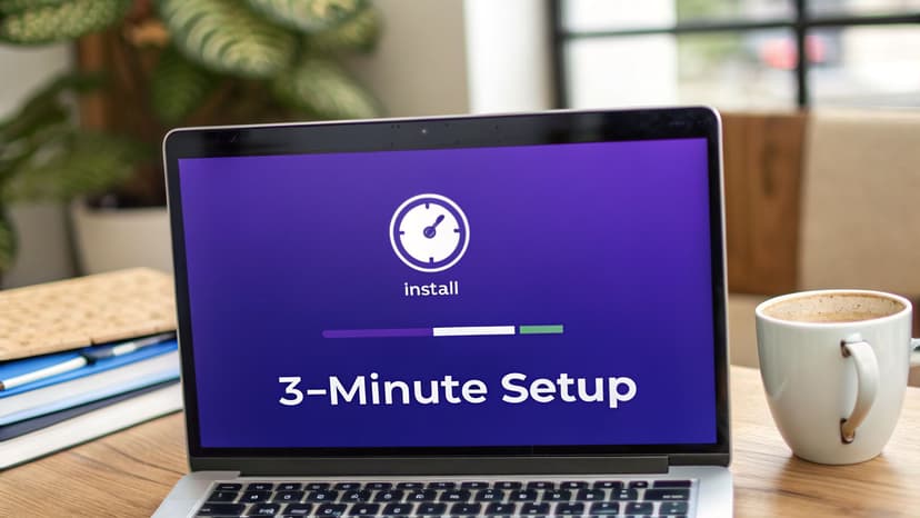 A laptop screen displays a '3-Minute Setup' interface with an install icon and progress bar.