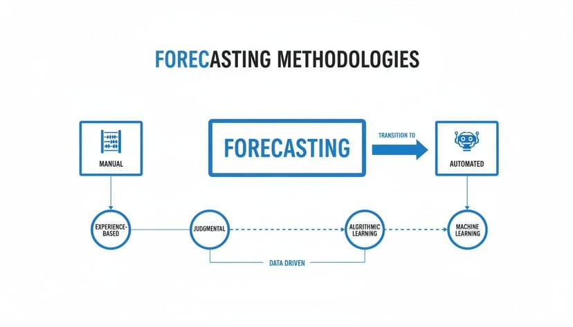 Flowchart showing forecasting methodologies: manual, experience-based, judgmental, algorithmic, and machine learning, transitioning to automated processes.