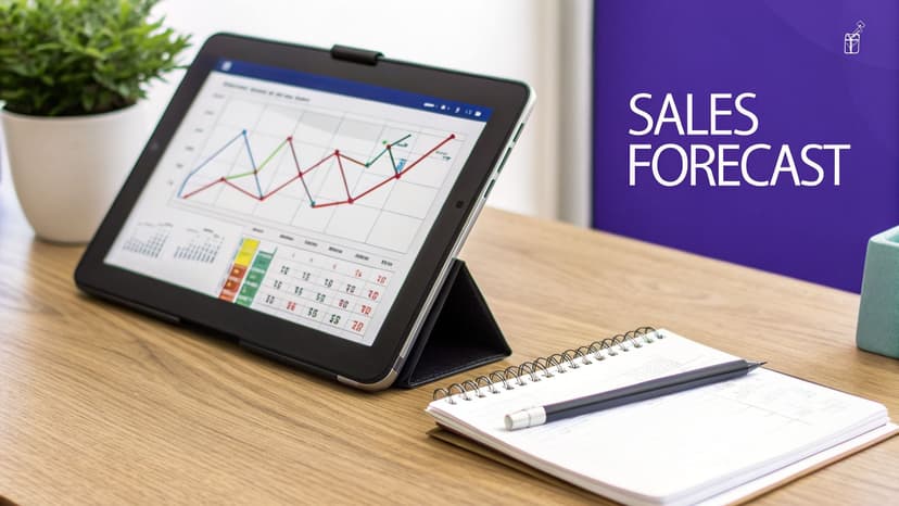 Tablet displaying a sales forecast graph and data, with a notebook, pen, and plant on a desk.
