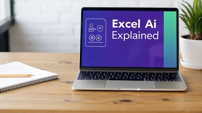 A laptop displays 'Excel Ai Explained' on a wooden desk with a notebook and a plant.