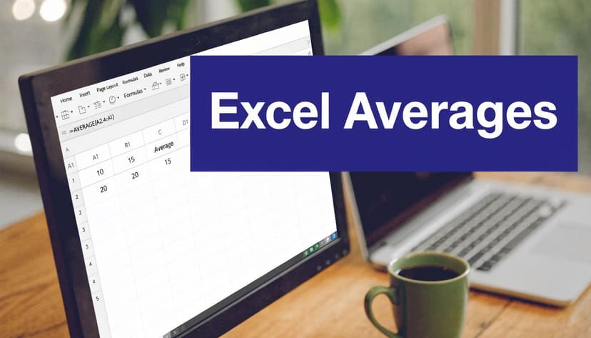 A laptop screen displaying an Excel spreadsheet calculating the average of numbers with a large text overlay.