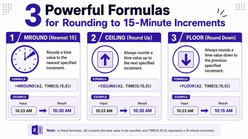 An infographic showing three Excel formulas for rounding time values to 15-minute increments.