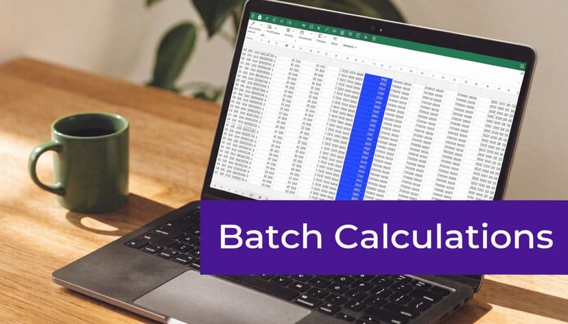 A laptop on a wooden desk displaying an Excel spreadsheet with the text Batch Calculations overlaid.