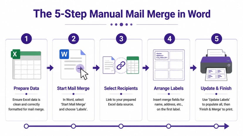 A five-step infographic illustrating the manual process of creating mail merge address labels using Word and Excel.
