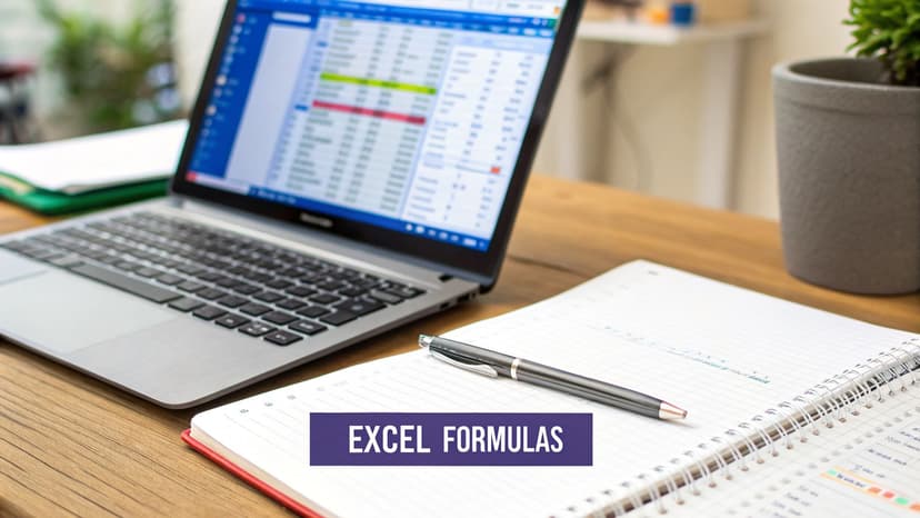 A laptop displaying an Excel spreadsheet, a notebook, and a pen on a wooden desk, with text 'EXCEL FORMULAS'.