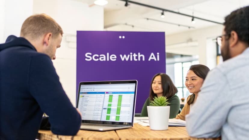 Diverse team collaborating in an office, viewing an Excel spreadsheet on a laptop, with a "Scale with Ai" banner.