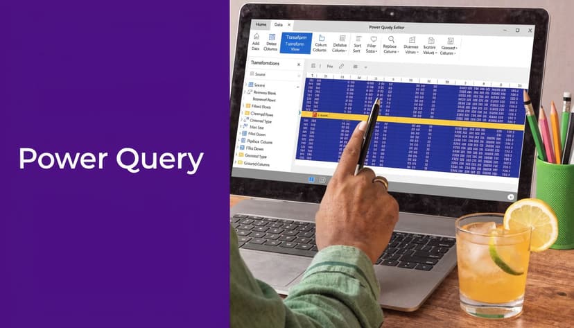 A person using a laptop to work on data transformation in Power Query Editor with a beverage.