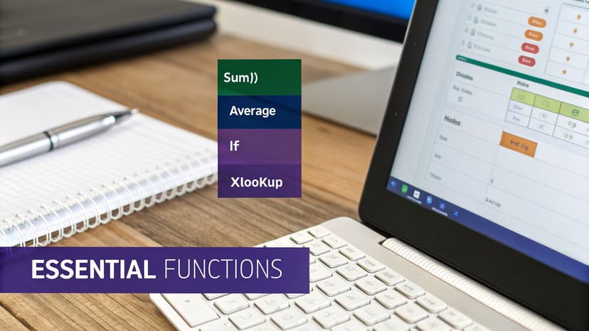 A laptop displays spreadsheet software with essential functions like Sum, Average, If, and Xlookup listed, beside a notebook and pen.
