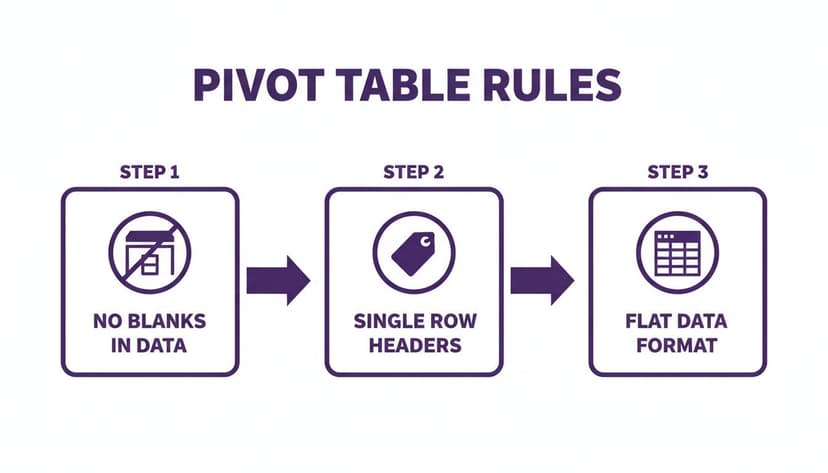Visual guide showing three essential rules for creating pivot tables: no blanks in data, single row headers, and flat data format.