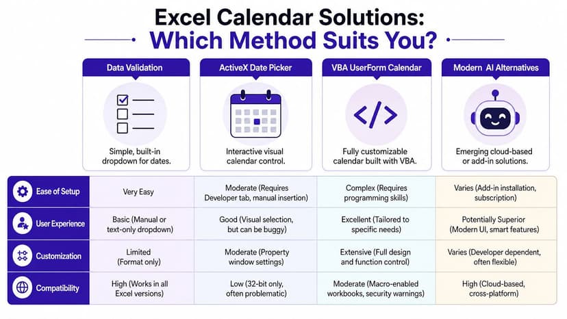 A comparison chart showing four different methods for adding a calendar drop down in Excel.