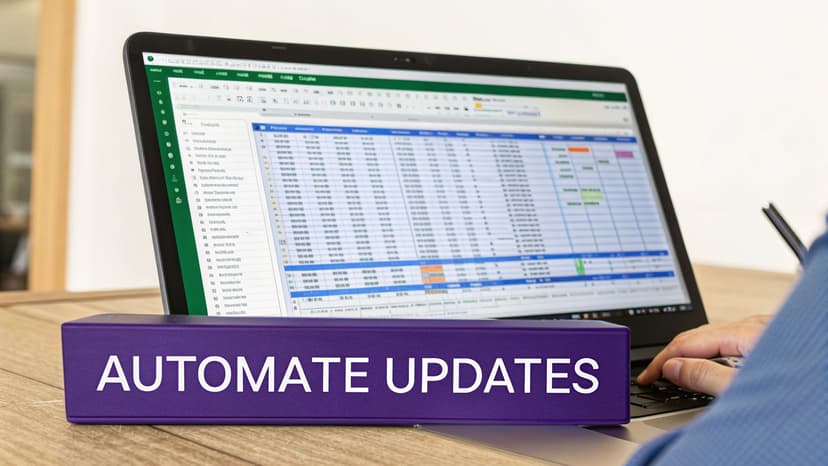 A person works on a laptop showing a project tracking spreadsheet, with 'AUTOMATE UPDATES' visible.