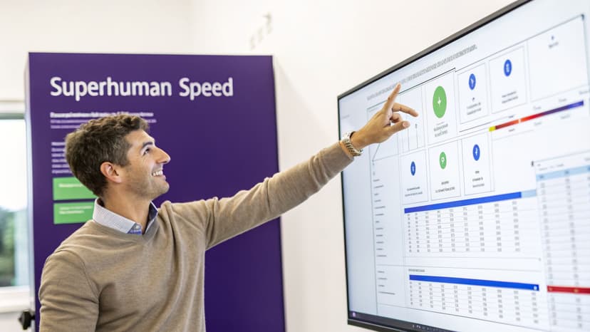 A smiling man in a beige sweater points to a large screen displaying charts and data, with a 'Superhuman Speed' banner in the background.