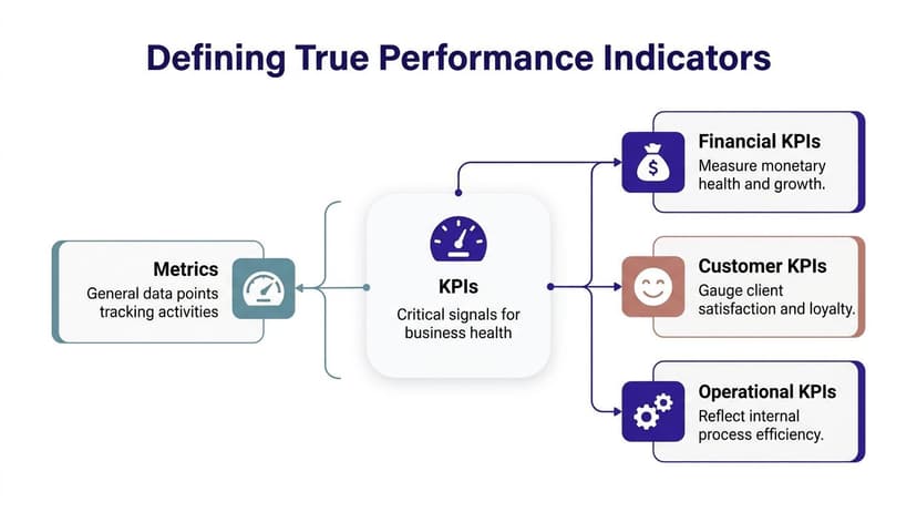 A diagram illustrating the relationship between general metrics and different categories of business key performance indicators.