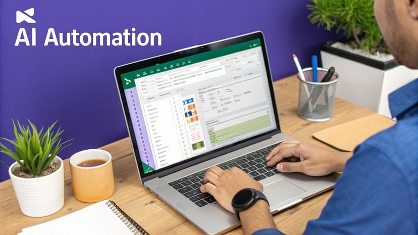 Person working on a laptop with an AI Automation interface, a plant, and coffee on a desk.
