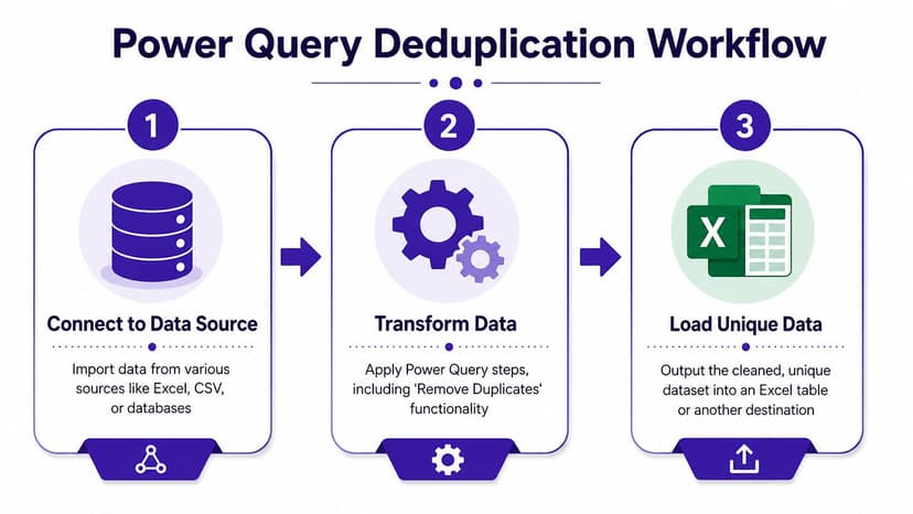A diagram illustrating the three-step Power Query deduplication workflow for cleaning and organizing data in Excel.