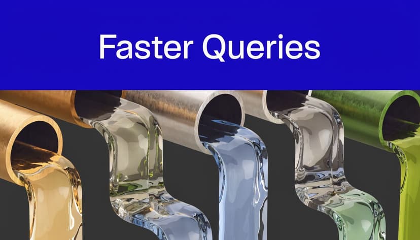 A digital illustration showing colorful liquids pouring from several metal pipes, representing the concept of faster queries.