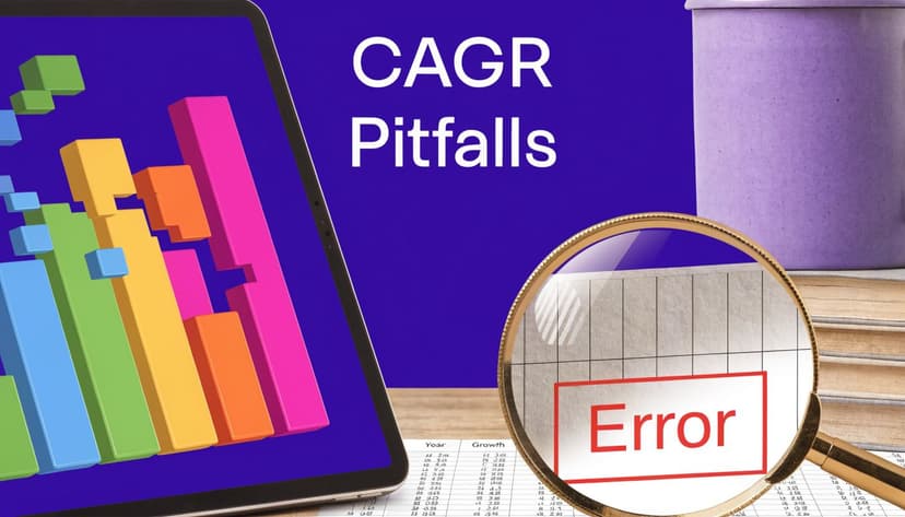A digital screen displaying colorful bar charts next to a magnifying glass revealing an error on a table.