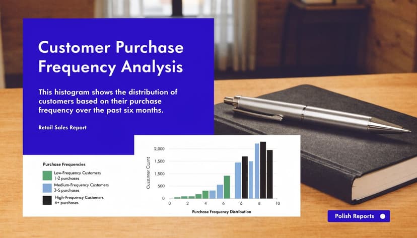 A bar chart depicting customer purchase frequency distribution, titled Customer Purchase Frequency Analysis on a notebook.