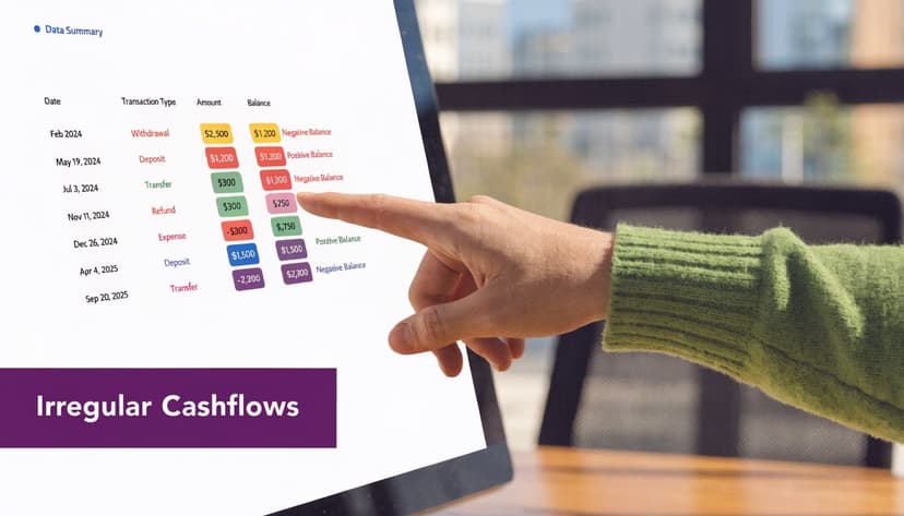 A close-up view of a hand pointing at a financial chart labeled Irregular Cashflows on a monitor screen.