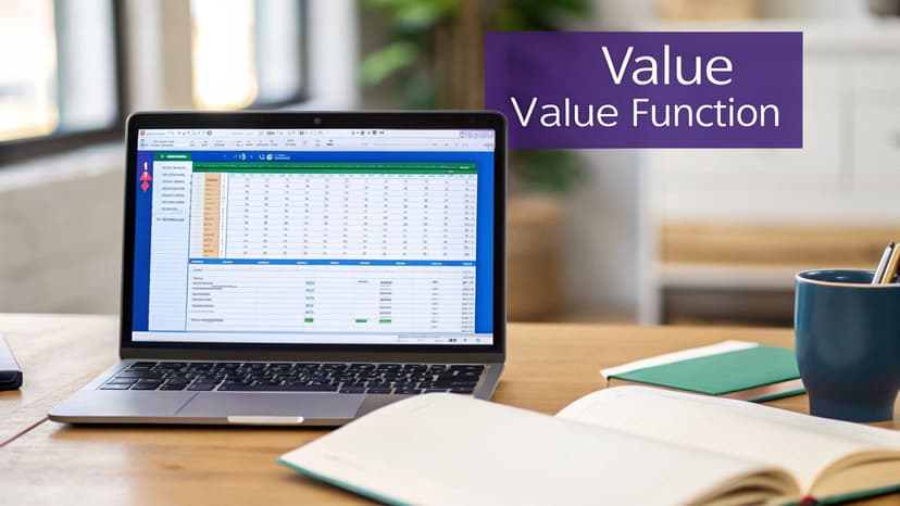 Laptop displaying an Excel spreadsheet on a wooden desk, with notebooks and a mug nearby.