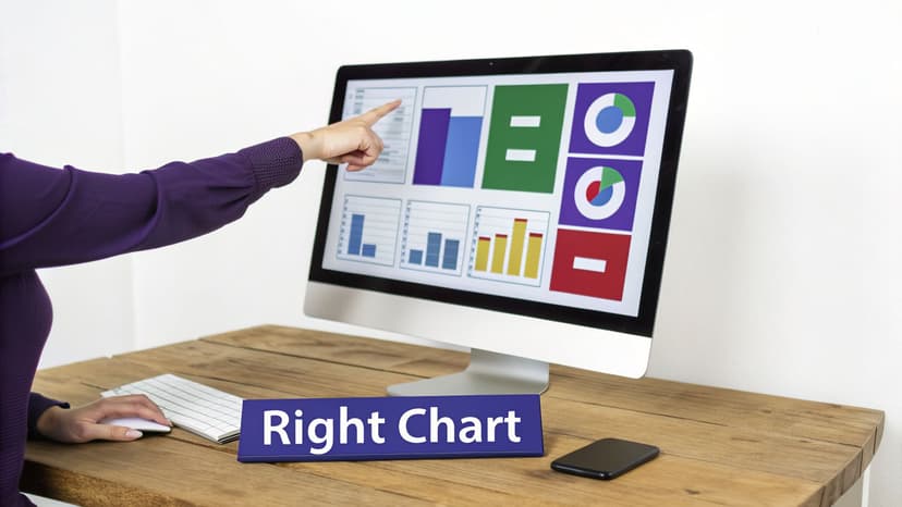 Hand pointing to a computer monitor displaying various data visualization charts and graphics, with a 'Right Chart' sign.