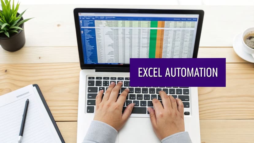 Person typing on a laptop displaying an Excel spreadsheet, with 'EXCEL AUTOMATION' text overlaid.