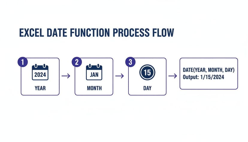 Excel DATE function process flow combining year, month, and day to form a date.