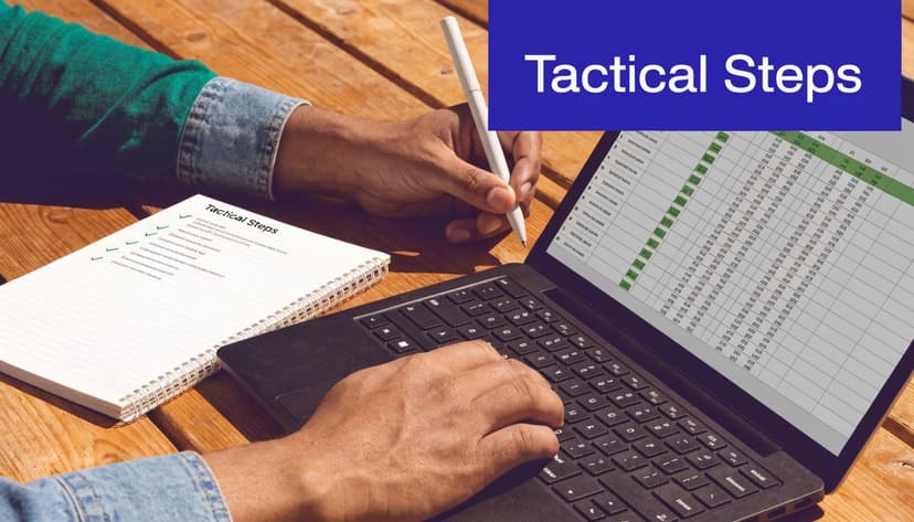 A person working on a laptop and writing tactical steps in a notebook at a desk.