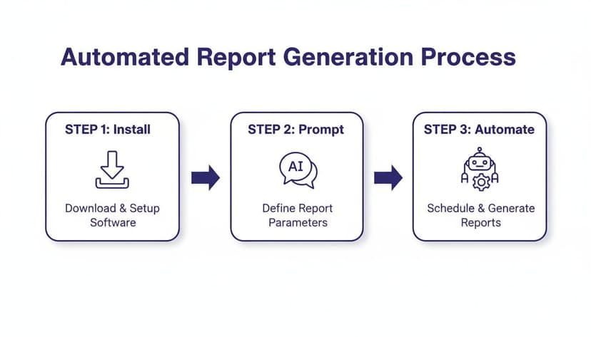 A three-step diagram showing the automated report generation process: install software, prompt AI parameters, and schedule reports.