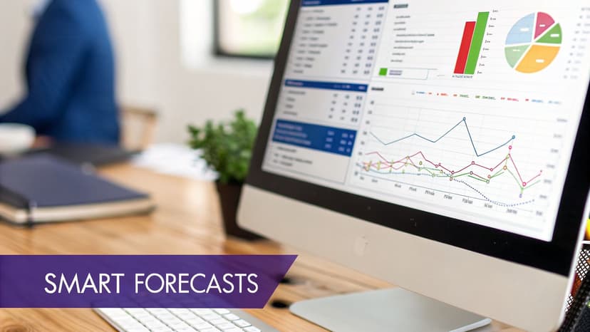 Computer screen displaying smart financial forecasts with various charts and graphs in an office.
