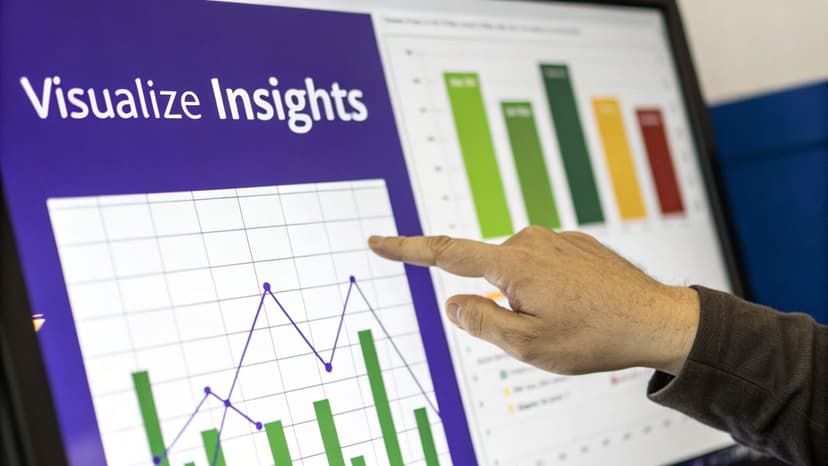 A hand points at a computer screen displaying 'Visualize Insights' and various data charts and graphs.
