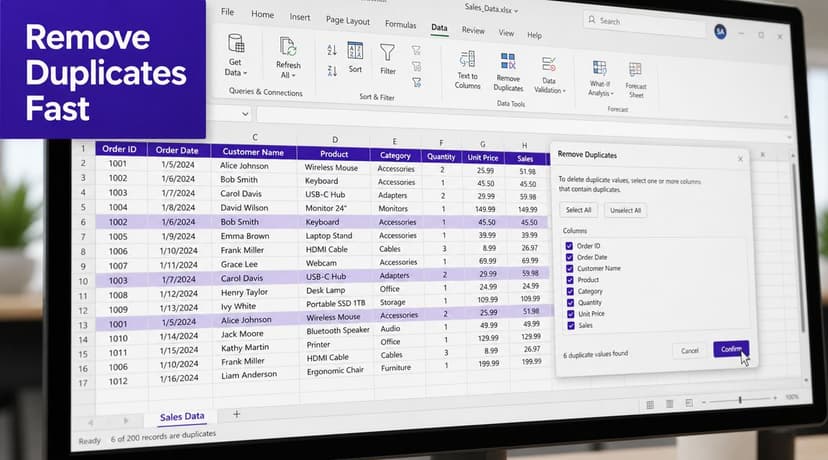 A computer screen showing the Microsoft Excel Remove Duplicates dialog box for a sales data spreadsheet.