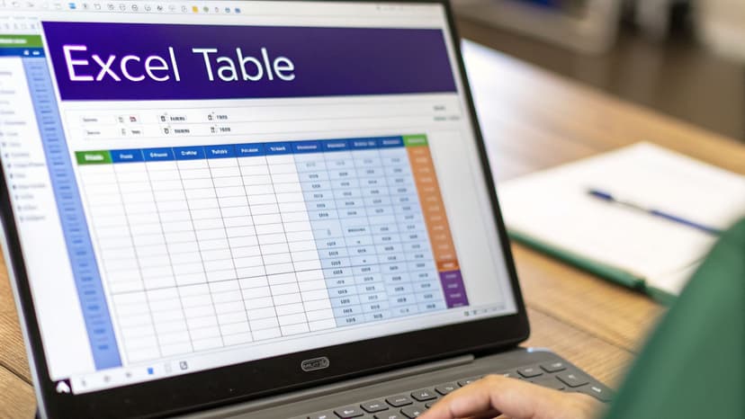 Person typing on a laptop, viewing an Excel table spreadsheet with data and columns.