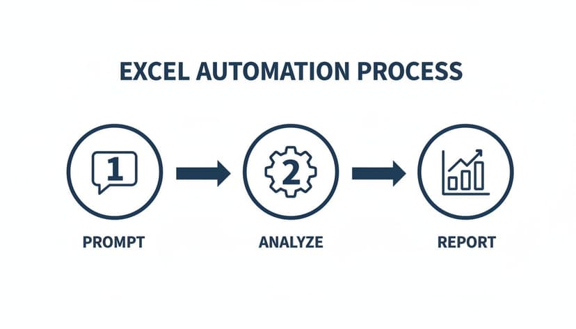 A flowchart outlining the Excel automation process with three steps: Prompt, Analyze, and Report.