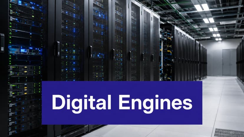 A server room rows with blinking blue and green LED lights, representing digital engines and data infrastructure.