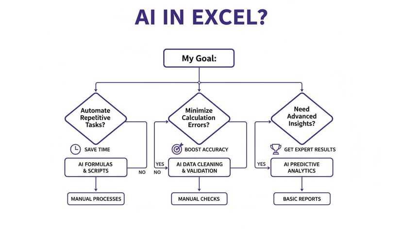 Flowchart detailing how AI in Excel can help achieve goals like automation, accuracy, and advanced insights.