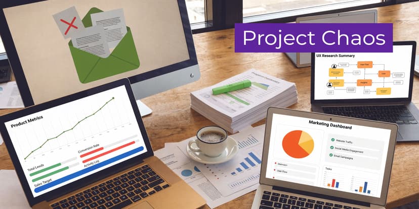 Multiple laptops and documents on a desk showing digital project management charts, analytics, and marketing dashboards.