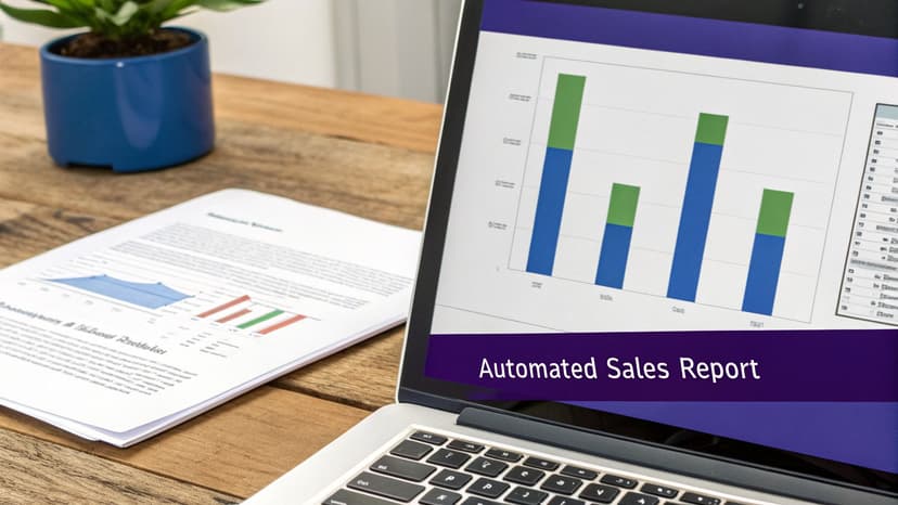 A laptop displays an automated sales report with charts next to a printed document on a wooden desk.
