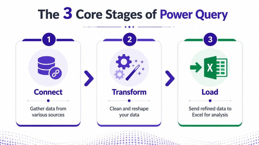 An infographic showing the three core stages of Power Query: Connect, Transform, and Load for Excel data.