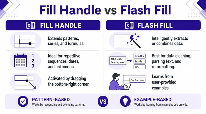 An infographic comparing the differences between Excel Fill Handle and Flash Fill features with descriptions.