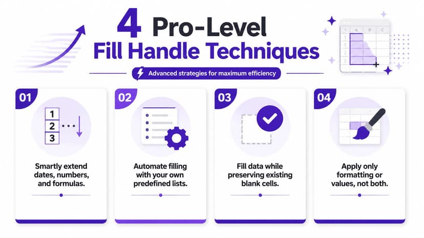 A graphic illustration detailing four professional techniques for using the Excel fill handle feature for spreadsheet productivity.