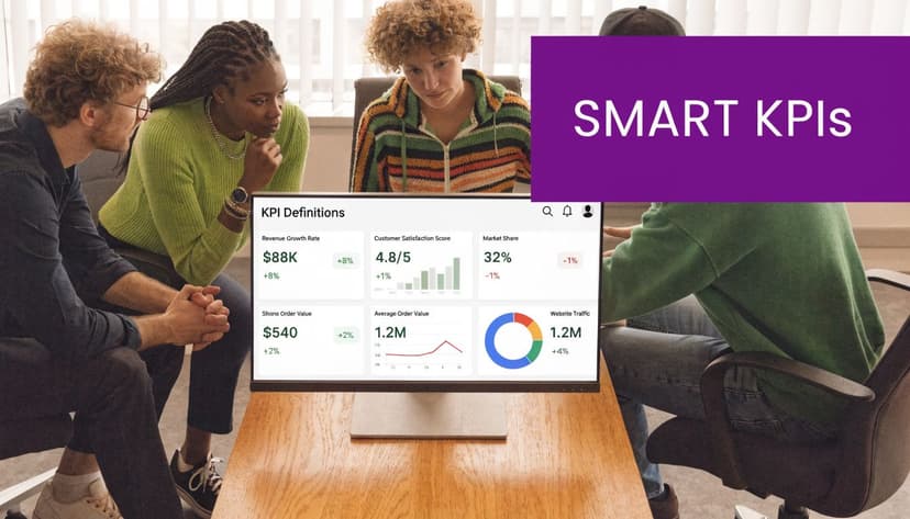A team of professionals collaborating around a monitor displaying a business dashboard with key performance indicators.